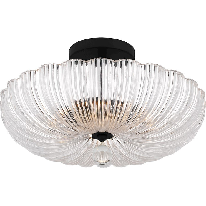 Quoizel Belmond 3 Light Semi-Flush Mount, Black/Clear Ribbed Glass