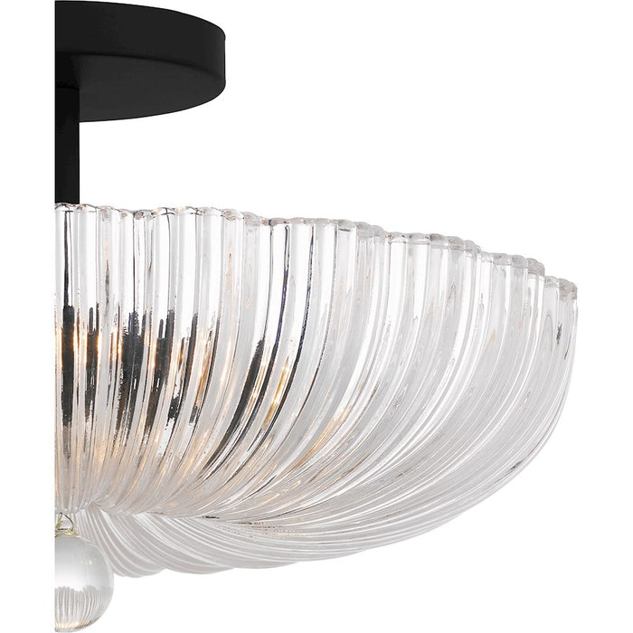 Quoizel Belmond 3 Light Semi-Flush Mount, Black/Clear Ribbed Glass