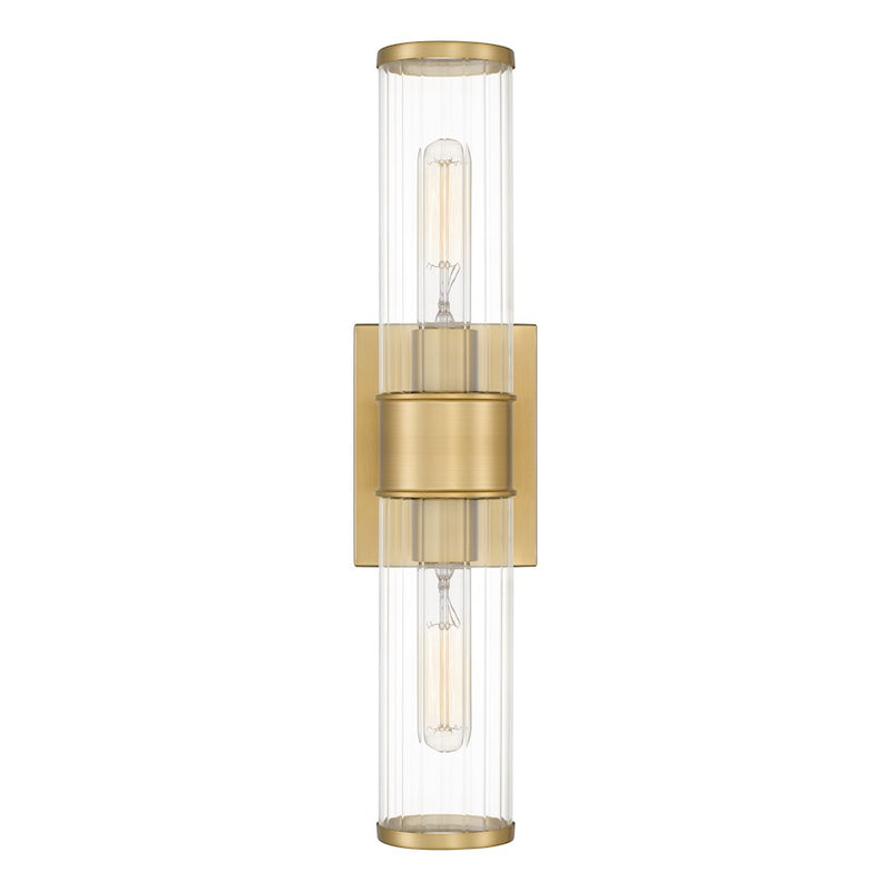 Quoizel Nova 2 Light Wall Sconce, Aged Brass/Clear Ribbed Glass