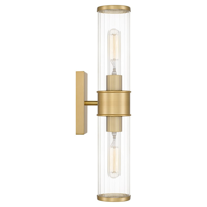 Quoizel Nova 2 Light Wall Sconce, Aged Brass/Clear Ribbed Glass