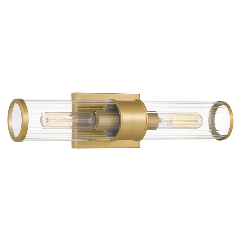 Quoizel Nova 2 Light Wall Sconce, Aged Brass/Clear Ribbed Glass