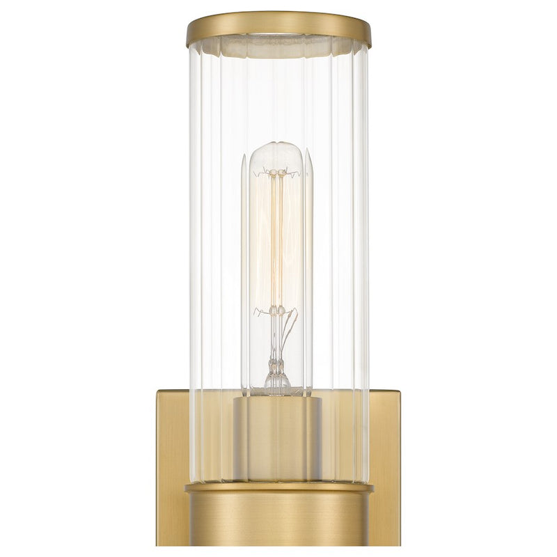 Quoizel Nova 2 Light Wall Sconce, Aged Brass/Clear Ribbed Glass