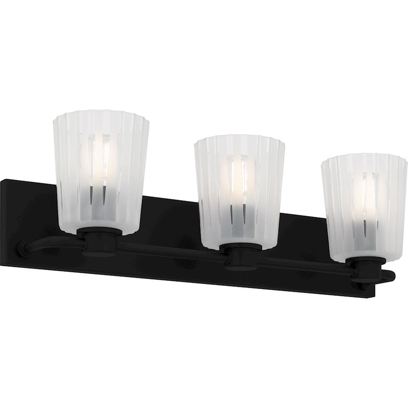 Quoizel Gray 3Lt Bath Light, Black/Clear Ribbed Sandblasted