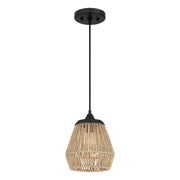 Quoizel Romain 9in 1-Light Mini Pendant | Bohemian Earth Black and Seagrass Rattan | Kitchen Island & Dining Nook | Model RMI1509EK