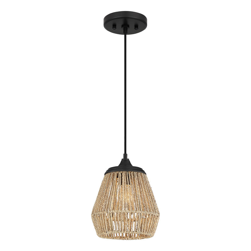Quoizel Romain 9in 1-Light Mini Pendant | Bohemian Earth Black and Seagrass Rattan | Kitchen Island & Dining Nook | Model RMI1509EK
