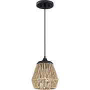 Quoizel Romain 9in 1-Light Mini Pendant | Bohemian Earth Black and Seagrass Rattan | Kitchen Island & Dining Nook | Model RMI1509EK