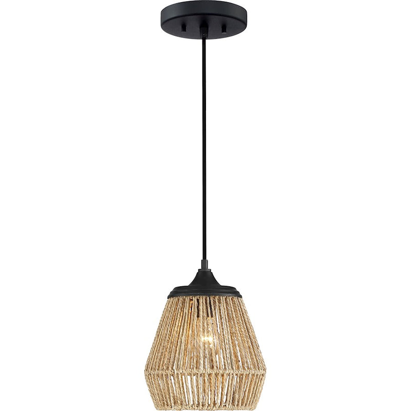 Quoizel Romain 9in 1-Light Mini Pendant | Bohemian Earth Black and Seagrass Rattan | Kitchen Island & Dining Nook | Model RMI1509EK