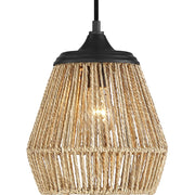 Quoizel Romain 9in 1-Light Mini Pendant | Bohemian Earth Black and Seagrass Rattan | Kitchen Island & Dining Nook | Model RMI1509EK