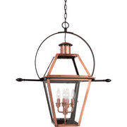 Quoizel Rue De Royal 27in 4-Light Outdoor Hanging Lantern | Traditional Aged Copper Copper-Steel and Clear Glass | Front Porch | Model RO1914AC