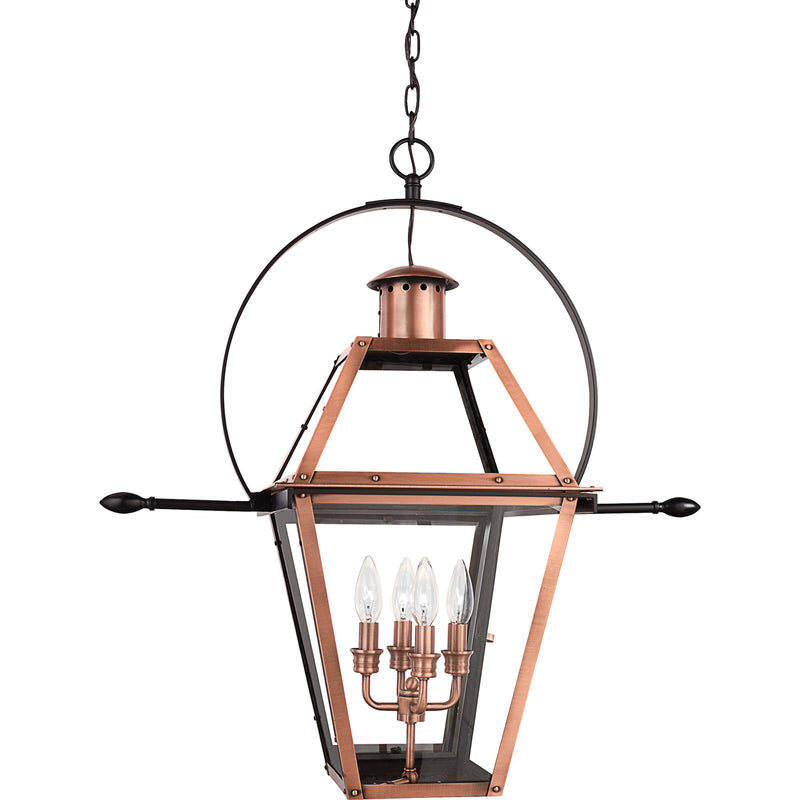 Quoizel Rue De Royal 27in 4-Light Outdoor Hanging Lantern | Traditional Aged Copper Copper-Steel and Clear Glass | Front Porch | Model RO1914AC
