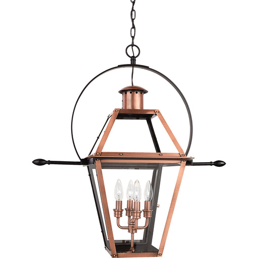 Quoizel Rue De Royal 27in 4-Light Outdoor Hanging Lantern | Traditional Aged Copper Copper-Steel and Clear Glass | Front Porch | Model RO1914AC