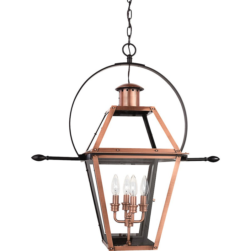 Quoizel Rue De Royal 27in 4-Light Outdoor Hanging Lantern | Traditional Aged Copper Copper-Steel and Clear Glass | Front Porch | Model RO1914AC