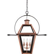 Quoizel Rue De Royal 27in 4-Light Outdoor Hanging Lantern | Traditional Aged Copper Copper-Steel and Clear Glass | Front Porch | Model RO1914AC