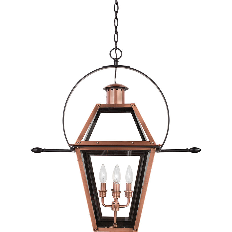 Quoizel Rue De Royal 27in 4-Light Outdoor Hanging Lantern | Traditional Aged Copper Copper-Steel and Clear Glass | Front Porch | Model RO1914AC