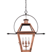 Quoizel Rue De Royal 27in 4-Light Outdoor Hanging Lantern | Traditional Aged Copper Copper-Steel and Clear Glass | Front Porch | Model RO1914AC