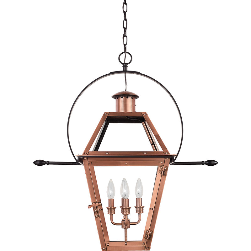 Quoizel Rue De Royal 27in 4-Light Outdoor Hanging Lantern | Traditional Aged Copper Copper-Steel and Clear Glass | Front Porch | Model RO1914AC