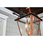 Quoizel Rue De Royal 27in 4-Light Outdoor Hanging Lantern | Traditional Aged Copper Copper-Steel and Clear Glass | Front Porch | Model RO1914AC
