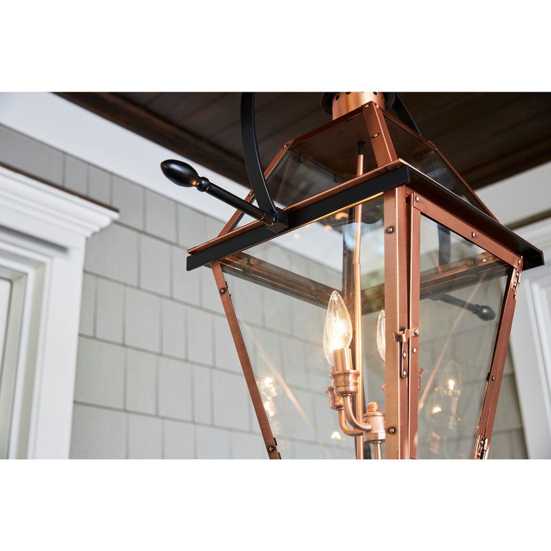 Quoizel Rue De Royal 27in 4-Light Outdoor Hanging Lantern | Traditional Aged Copper Copper-Steel and Clear Glass | Front Porch | Model RO1914AC
