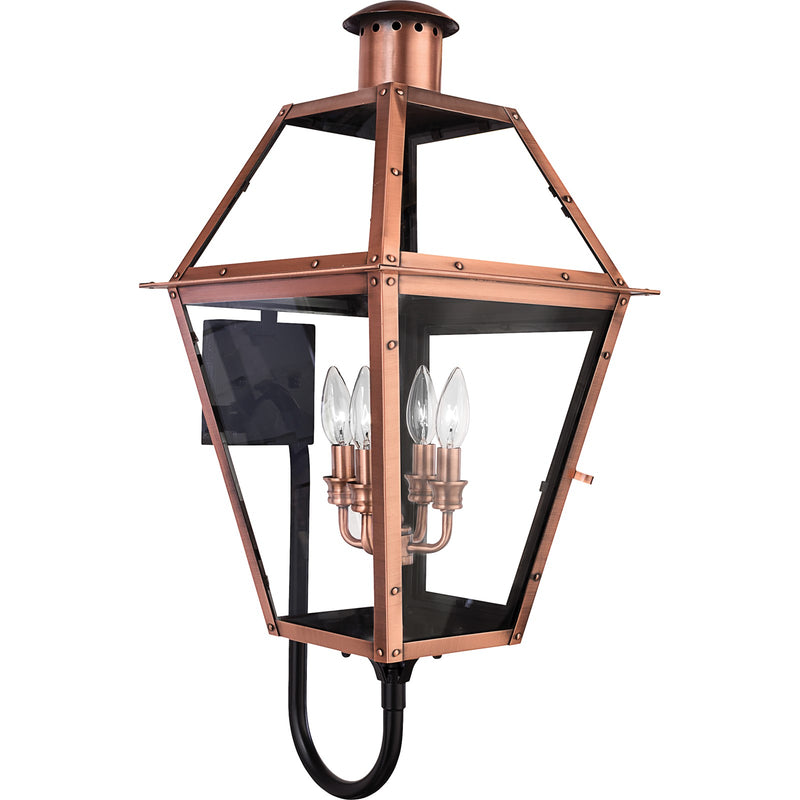 Quoizel Rue De Royal 16in 4-Light Outdoor Lantern | Traditional Aged Copper and Clear Glass | Front Porch & Patio | Model RO8414AC