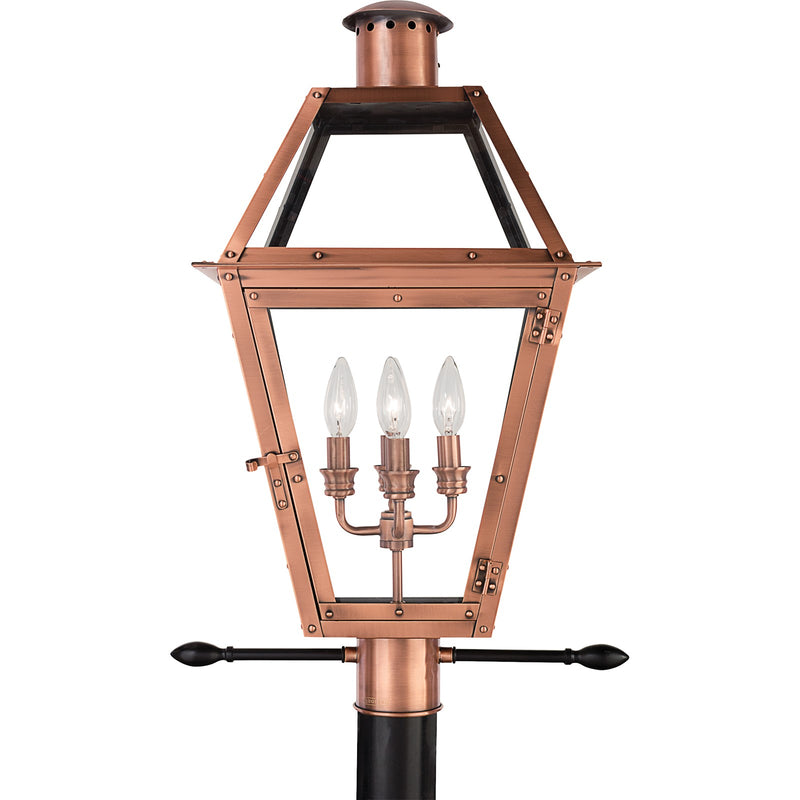 Quoizel Rue De Royal 18in 4-Light Outdoor Lantern | Traditional Aged Copper and Clear Glass | Front Porch & Entryway | Model RO9014AC