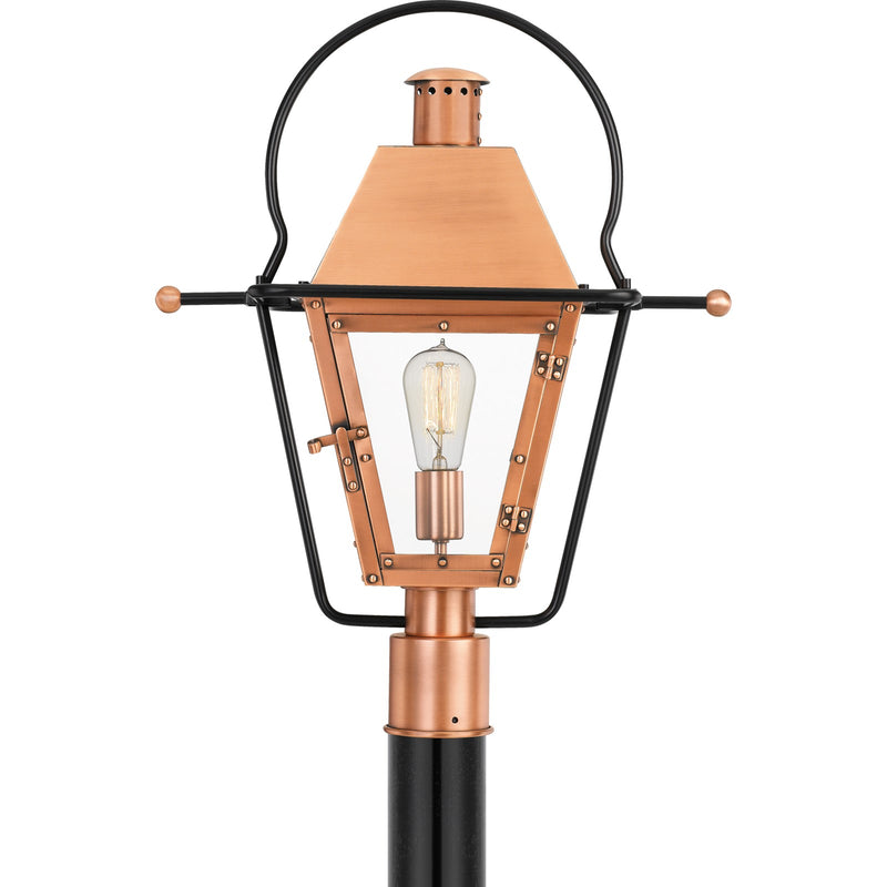 Quoizel Rue De Royal 12in 1-Light Outdoor Lantern | Traditional Aged Copper and Clear Glass | Front Porch & Entryway | Model RO9018AC