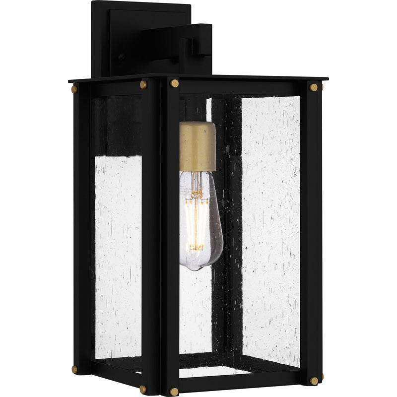 Quoizel Robbins 8in 1-Light Outdoor Lantern | Industrial Matte Black and Clear Seedy Glass | Front Porch & Entryway | Model ROB8408MBK
