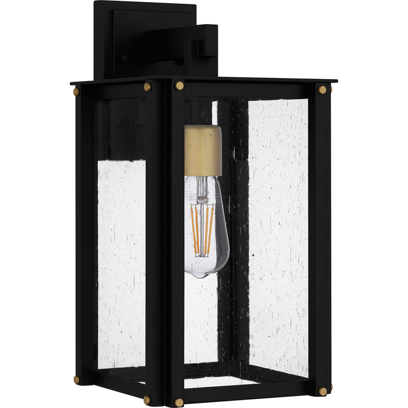 Quoizel Robbins 8in 1-Light Outdoor Lantern | Industrial Matte Black and Clear Seedy Glass | Front Porch & Entryway | Model ROB8408MBK