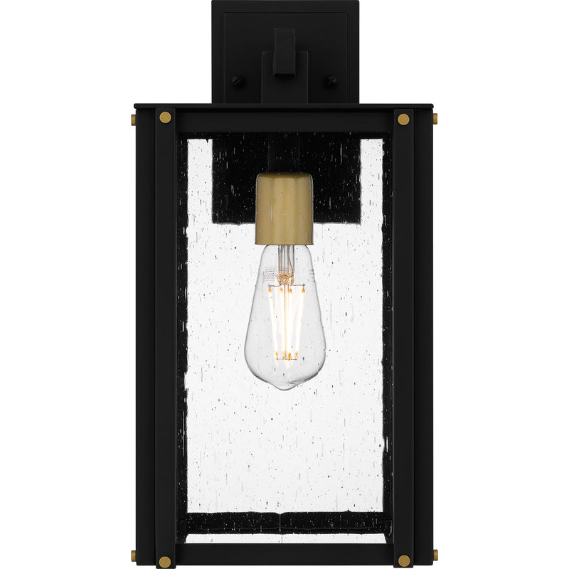 Quoizel Robbins 8in 1-Light Outdoor Lantern | Industrial Matte Black and Clear Seedy Glass | Front Porch & Entryway | Model ROB8408MBK