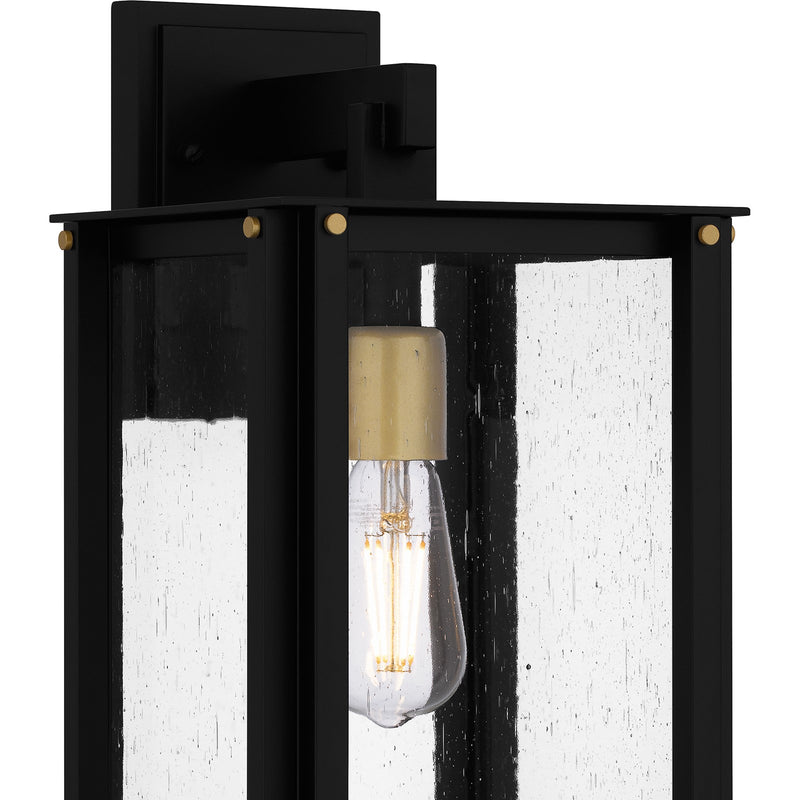 Quoizel Robbins 8in 1-Light Outdoor Lantern | Industrial Matte Black and Clear Seedy Glass | Front Porch & Entryway | Model ROB8408MBK
