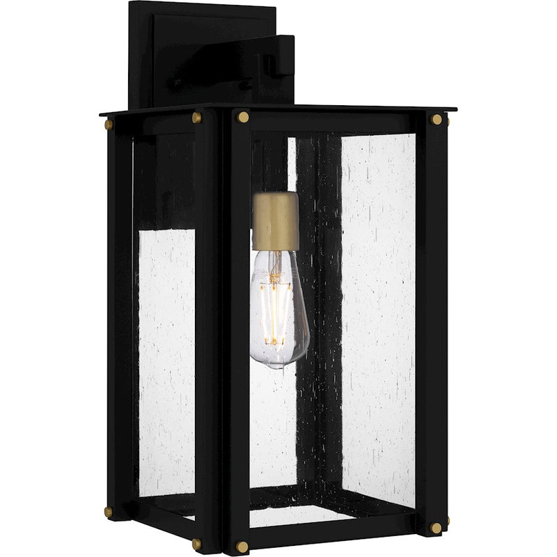 Quoizel Robbins 11in 1-Light Outdoor Wall Lantern | Industrial Matte Black and Clear Seedy Glass | Front Porch & Patio | Model ROB8409MBK