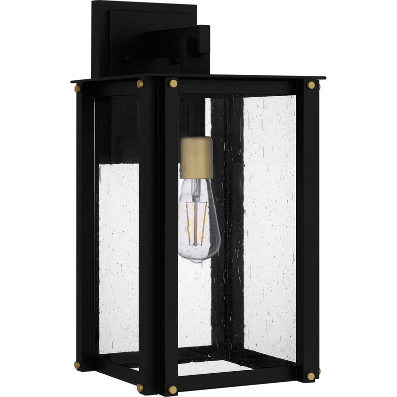 Quoizel Robbins 11in 1-Light Outdoor Wall Lantern | Industrial Matte Black and Clear Seedy Glass | Front Porch & Patio | Model ROB8409MBK