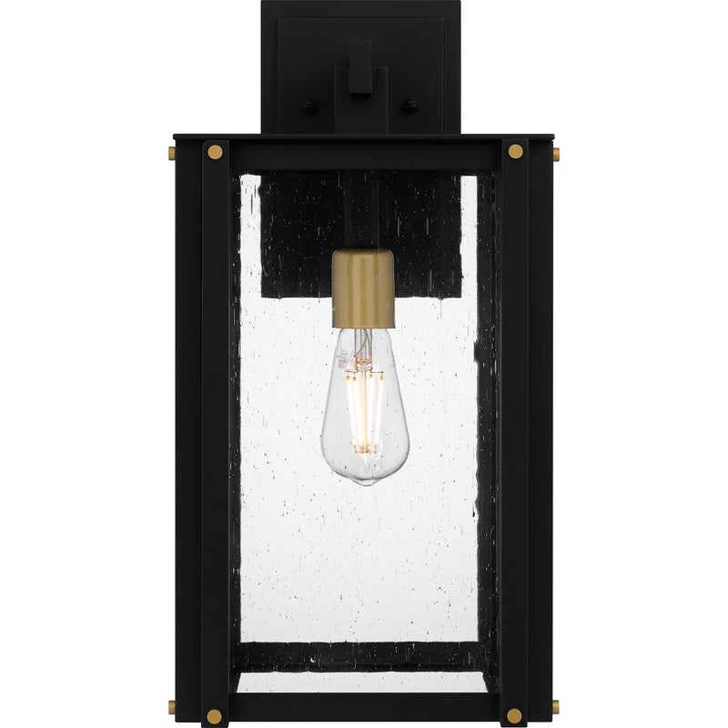 Quoizel Robbins 11in 1-Light Outdoor Wall Lantern | Industrial Matte Black and Clear Seedy Glass | Front Porch & Patio | Model ROB8409MBK