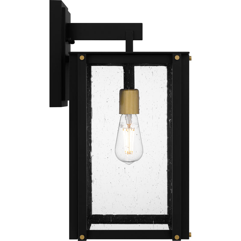 Quoizel Robbins 11in 1-Light Outdoor Wall Lantern | Industrial Matte Black and Clear Seedy Glass | Front Porch & Patio | Model ROB8409MBK