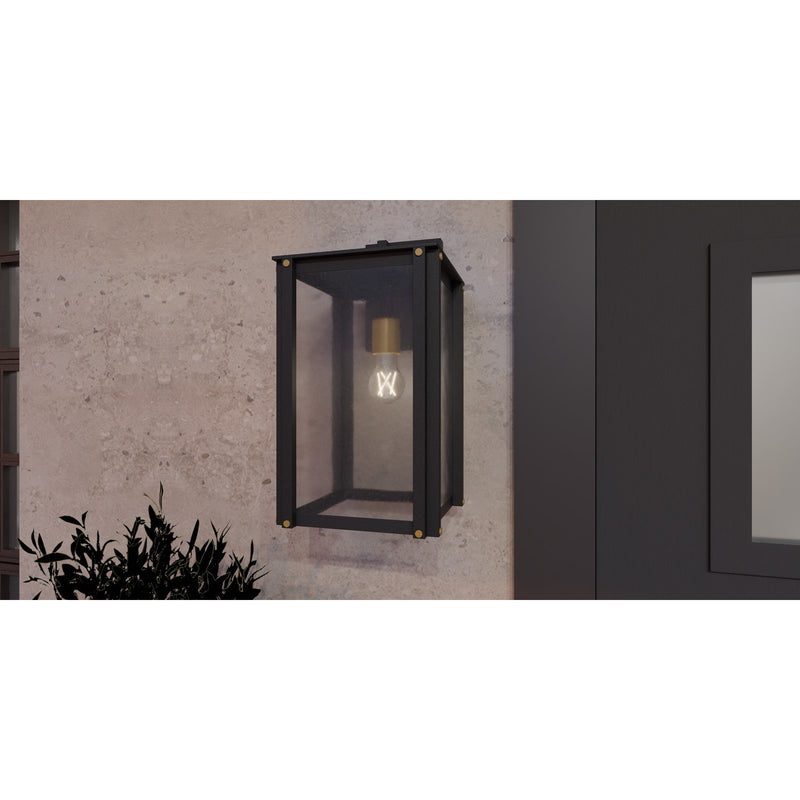 Quoizel Robbins 11in 1-Light Outdoor Wall Lantern | Industrial Matte Black and Clear Seedy Glass | Front Porch & Patio | Model ROB8409MBK