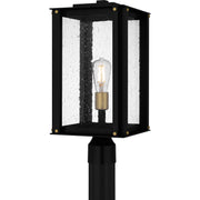 Quoizel Robbins 10in 1-Light Outdoor Wall Lantern | Industrial Matte Black and Clear Seedy Glass | Front Porch & Entryway | Model ROB9009MBK