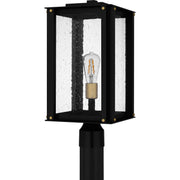 Quoizel Robbins 10in 1-Light Outdoor Wall Lantern | Industrial Matte Black and Clear Seedy Glass | Front Porch & Entryway | Model ROB9009MBK