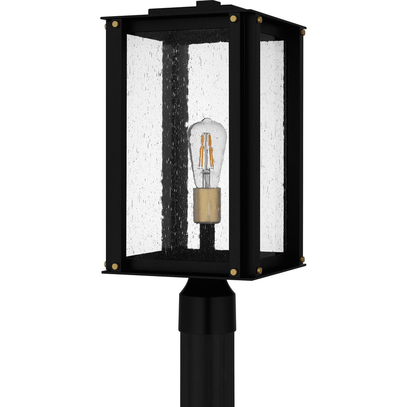 Quoizel Robbins 10in 1-Light Outdoor Wall Lantern | Industrial Matte Black and Clear Seedy Glass | Front Porch & Entryway | Model ROB9009MBK
