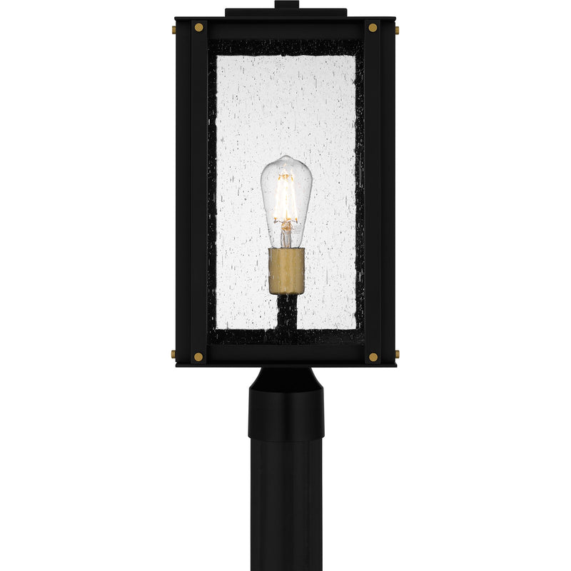Quoizel Robbins 10in 1-Light Outdoor Wall Lantern | Industrial Matte Black and Clear Seedy Glass | Front Porch & Entryway | Model ROB9009MBK