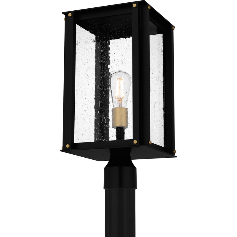 Quoizel Robbins 10in 1-Light Outdoor Wall Lantern | Industrial Matte Black and Clear Seedy Glass | Front Porch & Entryway | Model ROB9009MBK