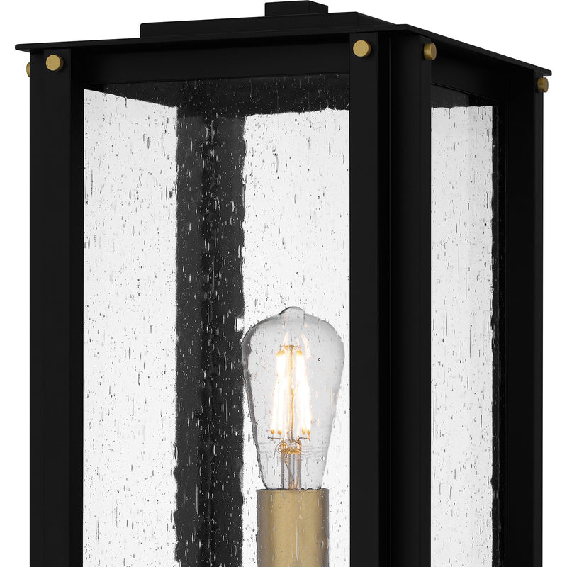 Quoizel Robbins 10in 1-Light Outdoor Wall Lantern | Industrial Matte Black and Clear Seedy Glass | Front Porch & Entryway | Model ROB9009MBK