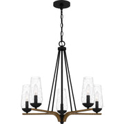 Quoizel Rochester 25in 5-Light Chandelier | Modern Farmhouse Matte Black and Aged Walnut with Clear Seedy Glass | Dining Room | Model ROC5025MBK