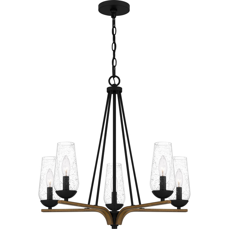 Quoizel Rochester 25in 5-Light Chandelier | Modern Farmhouse Matte Black and Aged Walnut with Clear Seedy Glass | Dining Room | Model ROC5025MBK