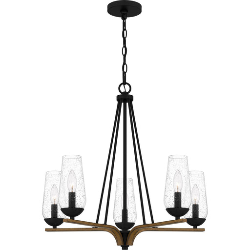 Quoizel Rochester 25in 5-Light Chandelier | Modern Farmhouse Matte Black and Aged Walnut with Clear Seedy Glass | Dining Room | Model ROC5025MBK
