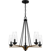 Quoizel Rochester 25in 5-Light Chandelier | Modern Farmhouse Matte Black and Aged Walnut with Clear Seedy Glass | Dining Room | Model ROC5025MBK
