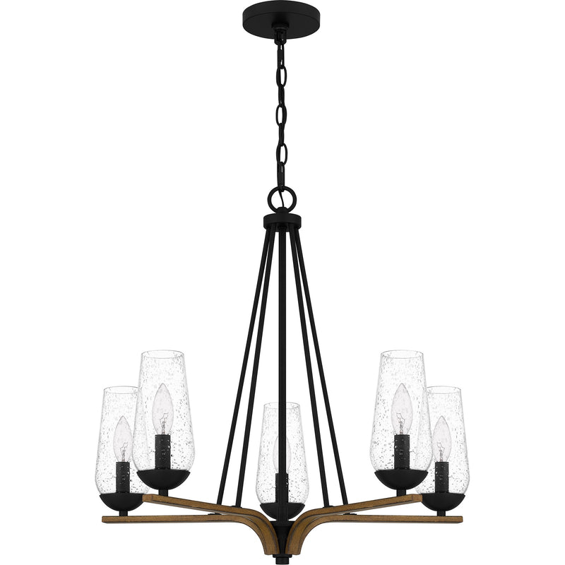 Quoizel Rochester 25in 5-Light Chandelier | Modern Farmhouse Matte Black and Aged Walnut with Clear Seedy Glass | Dining Room | Model ROC5025MBK