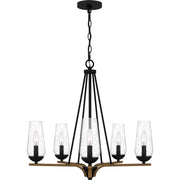 Quoizel Rochester 25in 5-Light Chandelier | Modern Farmhouse Matte Black and Aged Walnut with Clear Seedy Glass | Dining Room | Model ROC5025MBK