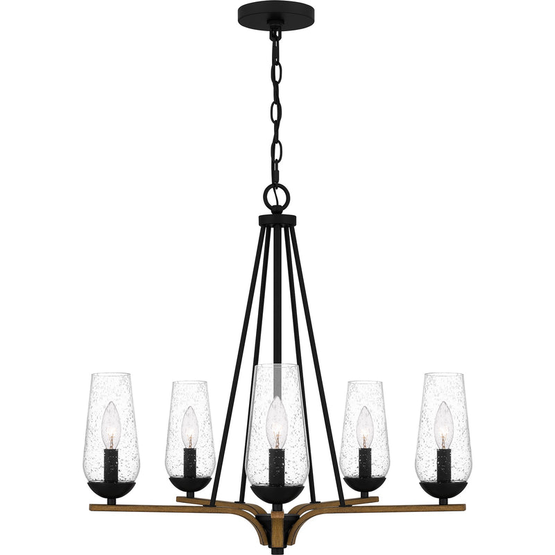 Quoizel Rochester 25in 5-Light Chandelier | Modern Farmhouse Matte Black and Aged Walnut with Clear Seedy Glass | Dining Room | Model ROC5025MBK