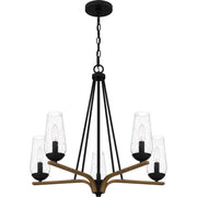 Quoizel Rochester 25in 5-Light Chandelier | Modern Farmhouse Matte Black and Aged Walnut with Clear Seedy Glass | Dining Room | Model ROC5025MBK