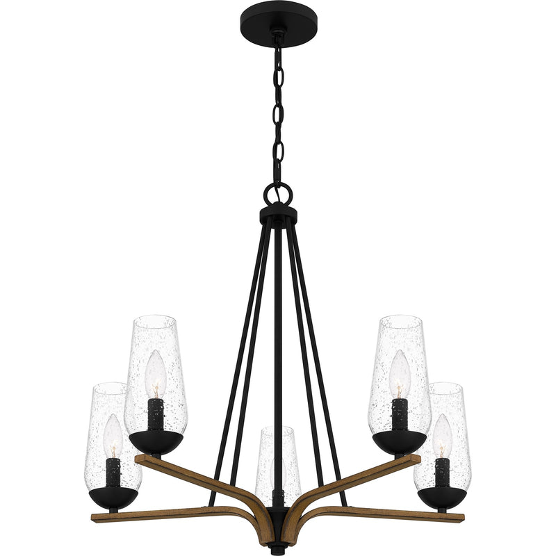 Quoizel Rochester 25in 5-Light Chandelier | Modern Farmhouse Matte Black and Aged Walnut with Clear Seedy Glass | Dining Room | Model ROC5025MBK