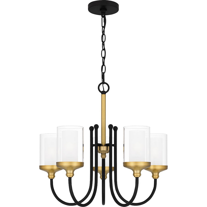 Quoizel Rowland 5 Light Chandelier, Matte Black/Clear/Sandblasted
